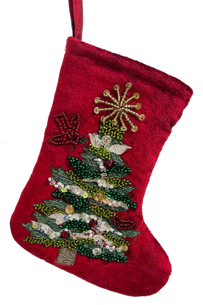 ORN VLVT SOCK W/TREE DECO RED