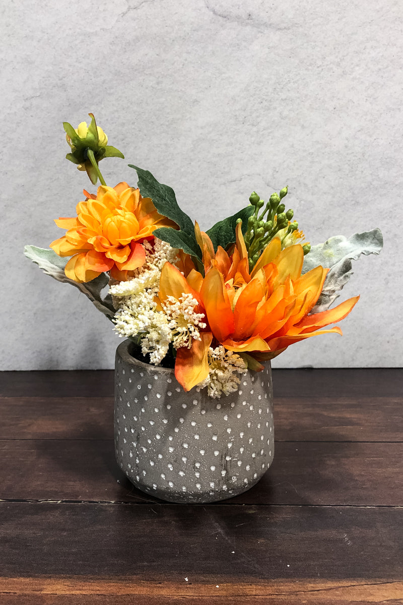 Silk Dahlia Cement Pot 8.2" Orange