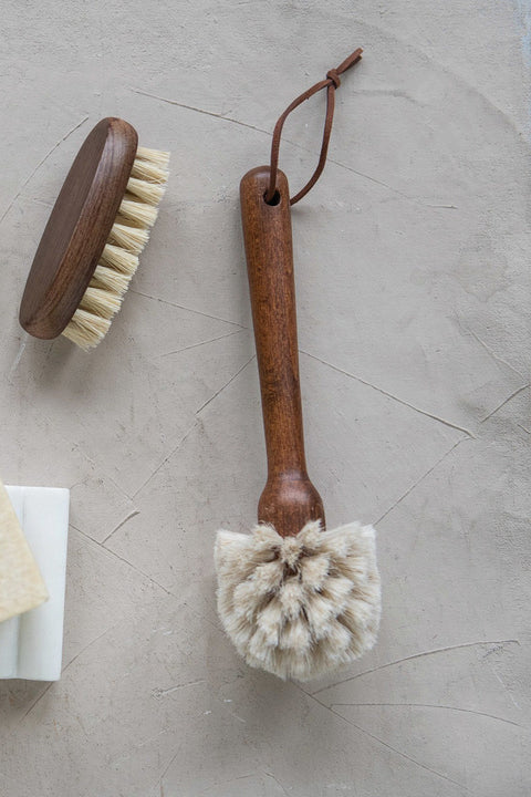 Creative Co-Op Beech Wood & Horse Hair Dish Brush with Handle & Leather Tie Stained Finish 10"