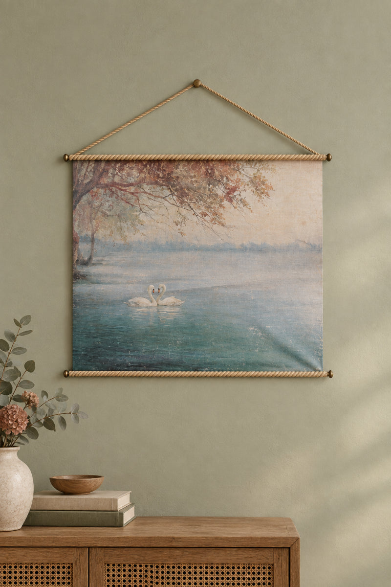 Carved Wood & Canvas Scroll Wall Decor with Swans Distressed Finish