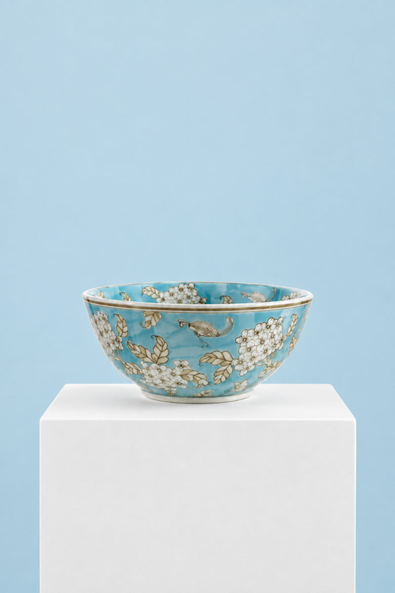 Stoneware Serving Bowl with Cherry Blossoms Blue, Brown & White