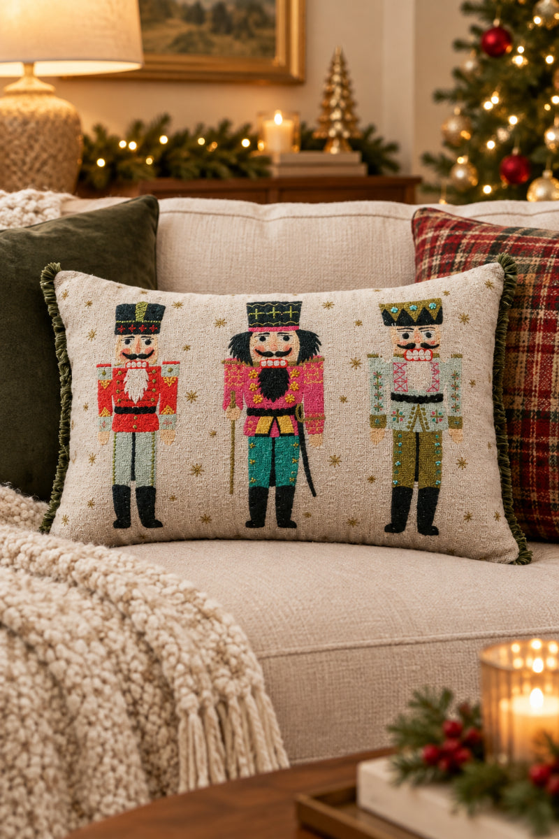 Cotton Slub Printed Lumbar Pillow with Eyelash Fringe