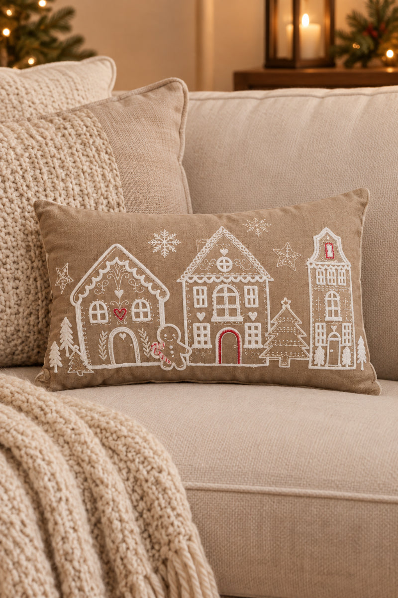 Cotton Velvet Lumbar Pillow with Embroidered Gingerbread Scene Brown & White