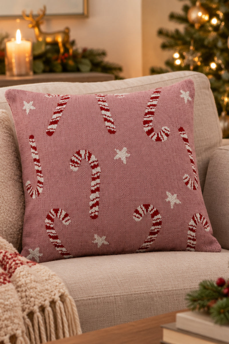 Cotton Knit Pillow with Candy Cane & Star Pattern, Pink, Red & White 18"
