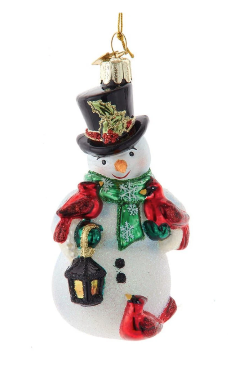 Noble Gems Glass Snowman With Cardinals & Lantern Ornament