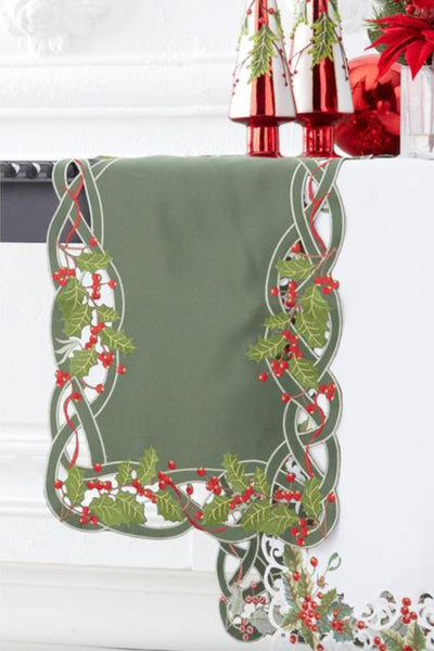 Embroider Cutout Holly with Berries Table Runner 70" Green