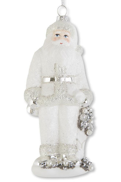 White and Silver 7" Glass Santa Ornament