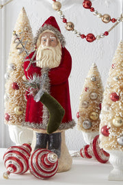 Santa with Dark Red Coat Holding Tree and Stocking 16.75"