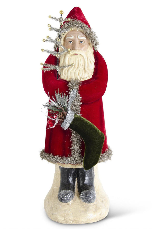 Santa with Dark Red Coat Holding Tree and Stocking 16.75"