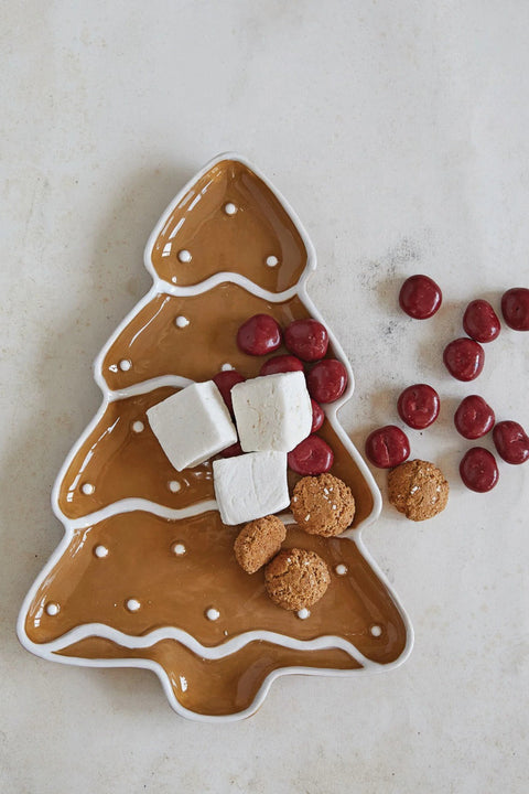 Platter Gingerbread Tree Shaped Ceramic Brown & White