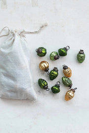 Ornaments Mercury Glass in Muslin Bag Green & Gold Set