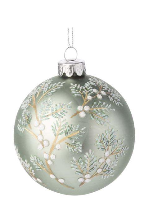 Matte Glass Ball Ornament with Pine Boughs and White Berries