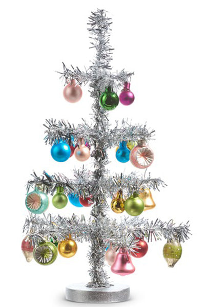 Silver Vintage Tinsel Tree with Ornaments 14"