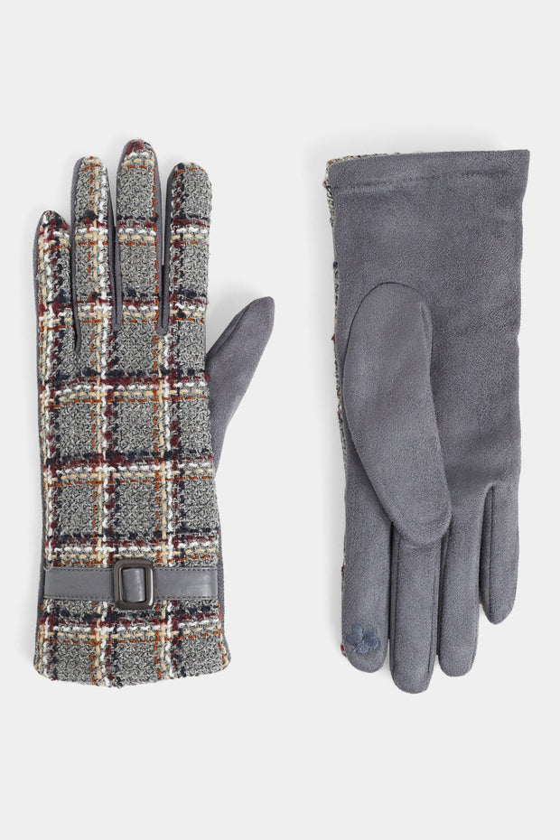 Belted Plaid Touchscreen Gloves Grey