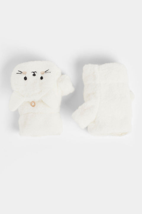 Peekaboo Cat Fingerless Gloves Winter White