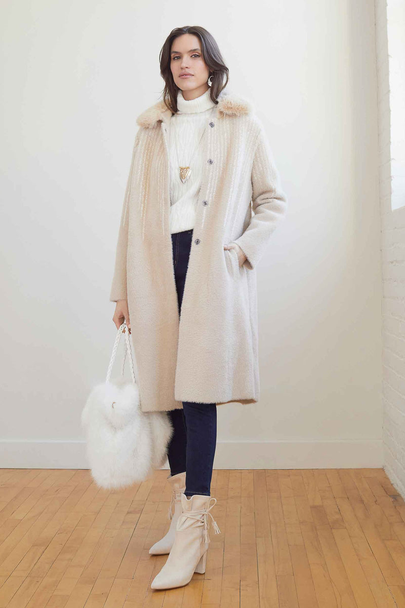 Sofia Brushed Coat With Removable Collar Large / Extra Large Beige & Cream