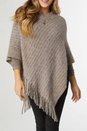 Rylee Striped Poncho With Fringe Cement