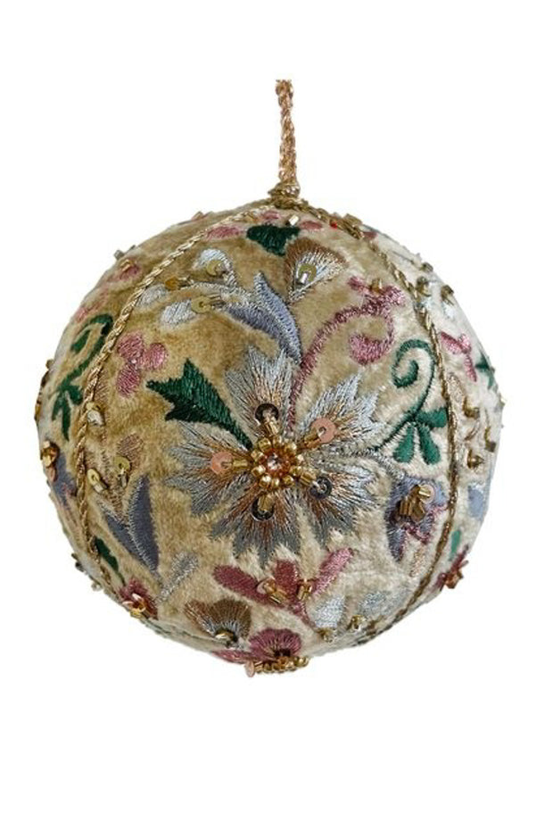 Velvet Ball Ornament Cream with Crocheted Flowers 3.5"