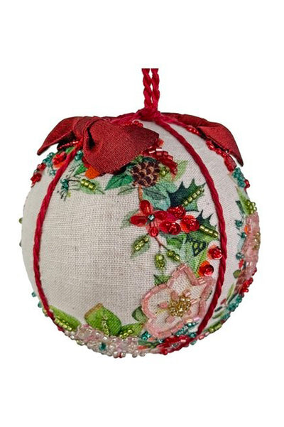 Cotton Ball Ornament with Beaded Wreath and Bow 3.5"