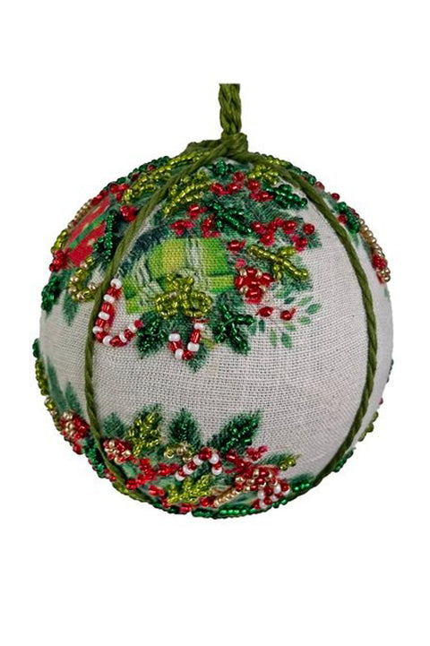 Cotton Ball Ornament with Beaded Fir and Gifts 3.5"