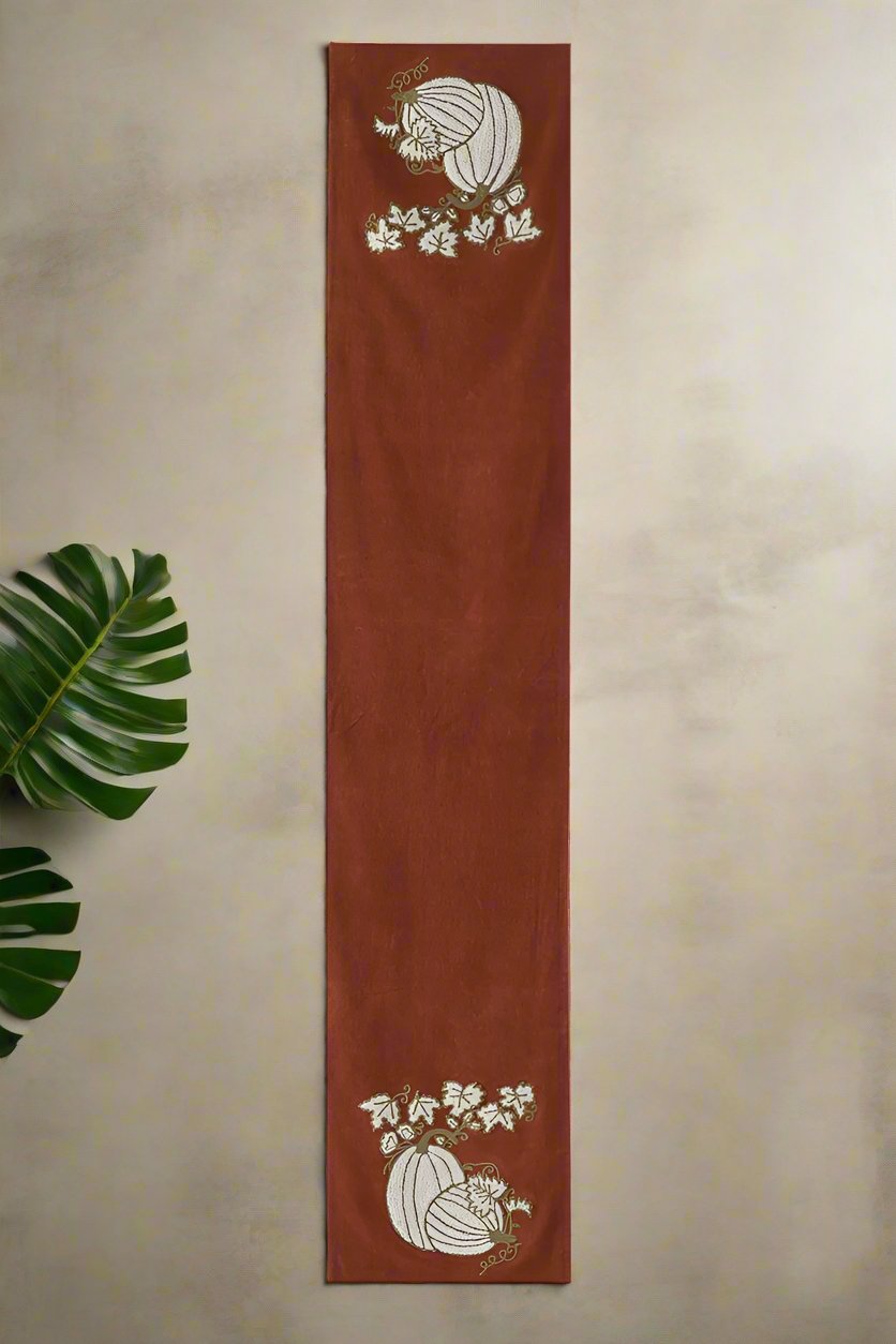 Orange Velvet Embroidered Pumpkin Table Runner 72"