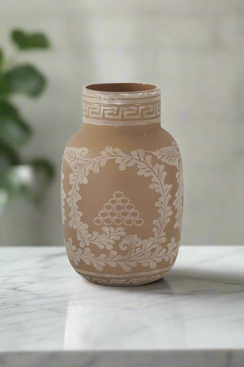 Tan Etched Glass Vase Medium