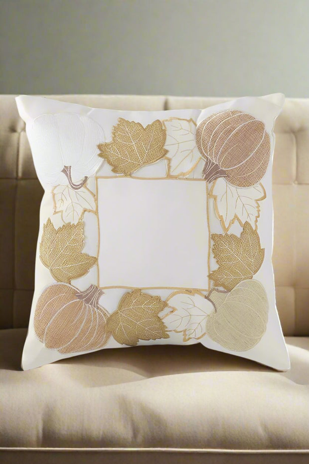 Embroidered Pumpkins and Fall Leaves Square Pillow 16" Cream