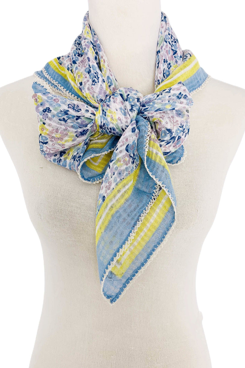 Embroidered Edge Floral Square Scarf Blue