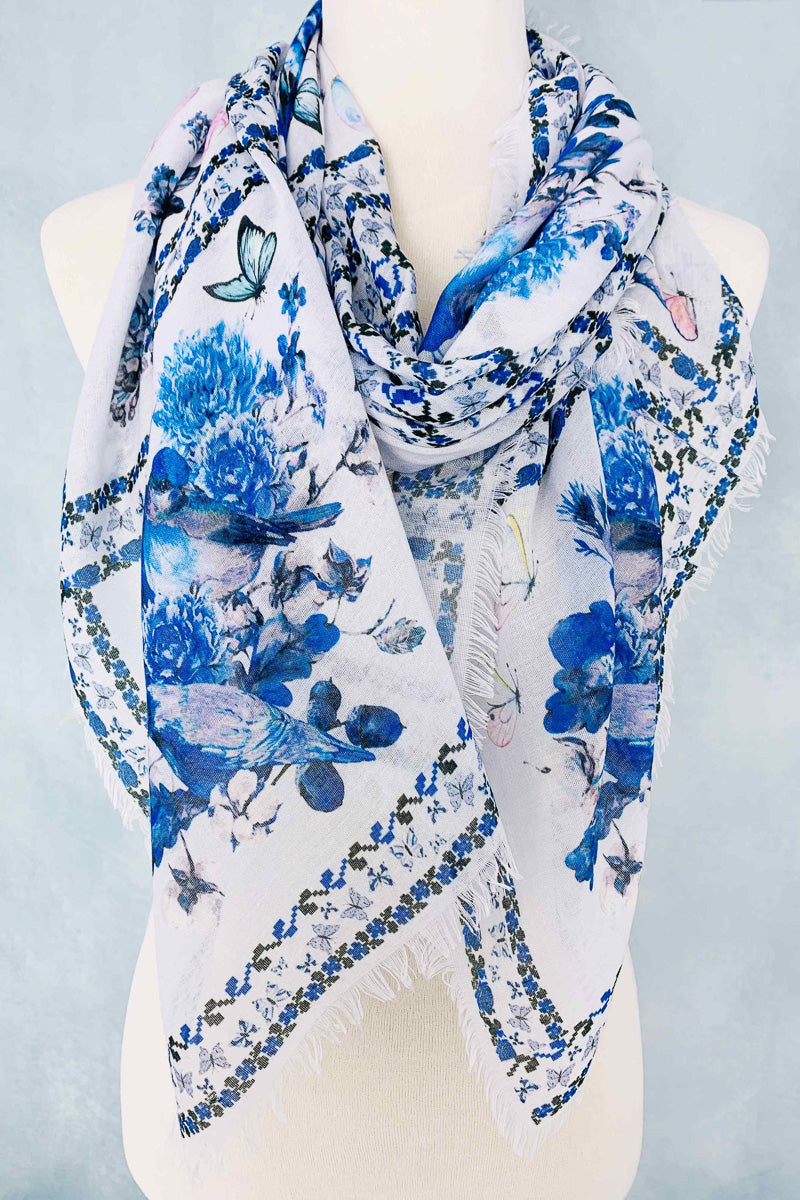Blue Bird, Butterfly and Floral Artwork Scarf & Shawl Blue
