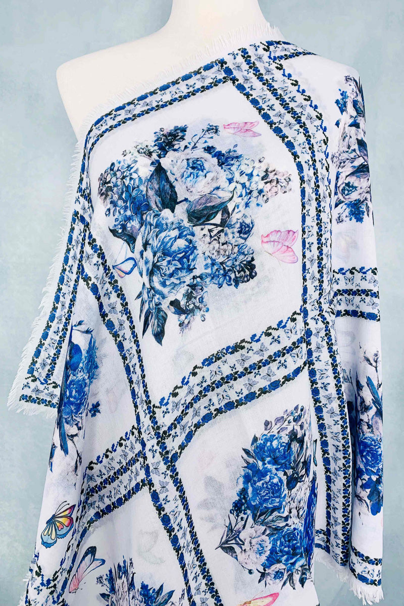 Blue Bird, Butterfly and Floral Artwork Scarf & Shawl Blue