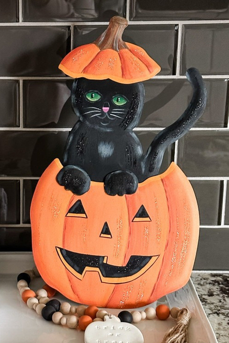 Round Top Cat in a Jack O Lantern 11"X 15"