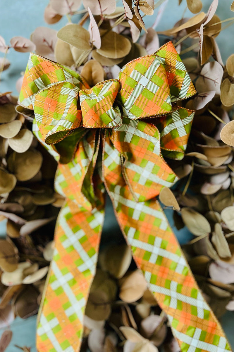 Fall Hand Tied Bow Green & Orange Plaid