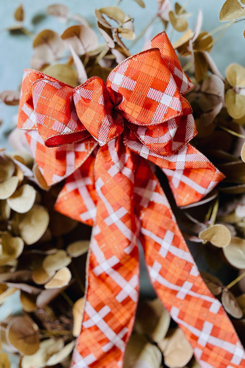 Fall Hand Tied Bow Orange Plaid