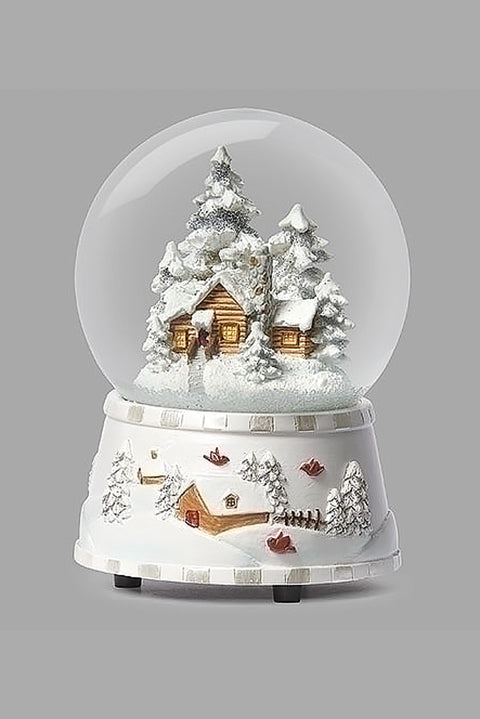 Musical Dome White Cabin Silver Trees 5.5"