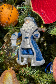 Blue Silver Santa Ornament 5"