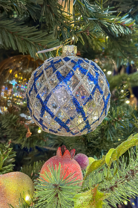 Glass Ball Ornament 4" Blue Platinum Assorted