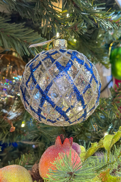 Glass Ball Ornament 4" Blue Platinum Assorted