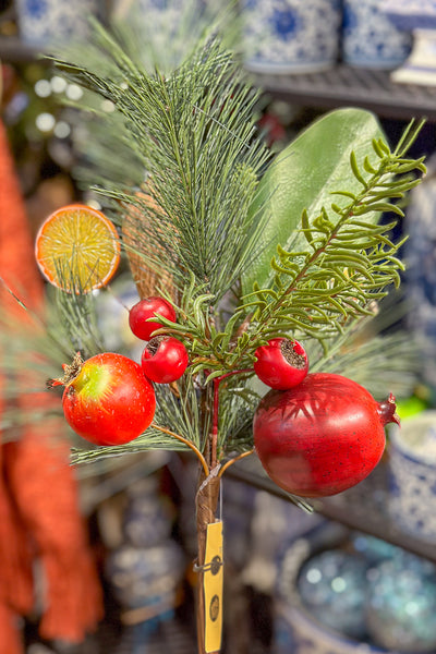 Faux Mix Fruit Leaf Pine Pick 15" Green Red