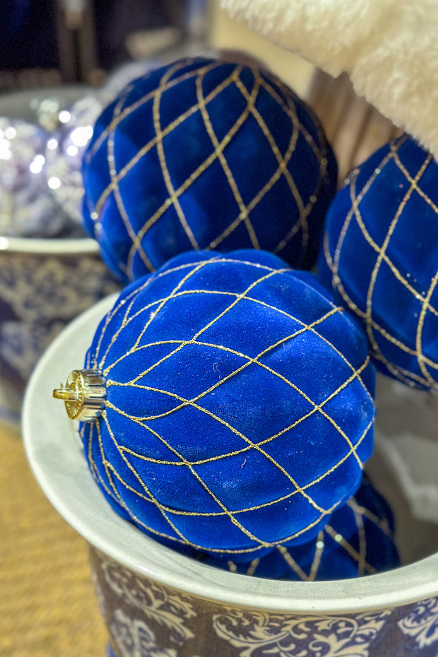 Flocked Designer Ball 6" Ornament Midnight Blue with Gold Glitter