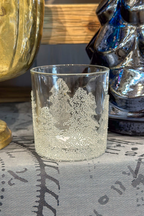 Glass Tea Light Holder Snowing Forest Scene