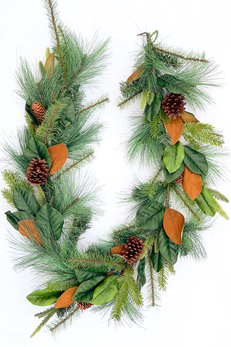 Faux Magnolia Leaf with Pinecone Garland 6'