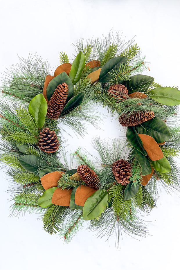 Magnolia Leaf with Mixed Pinecone Wreath 24"