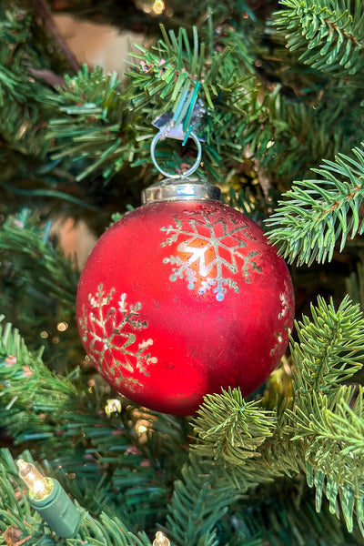 Snowflake Glass Ball Ornament 3" Xmas Red