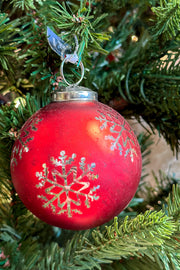 Snowflake Glass Ball Ornament 3" Xmas Red