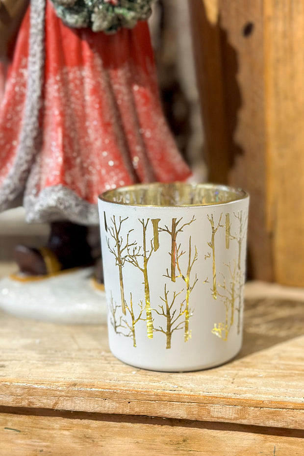 Trees with White Base Glass Candle Holder