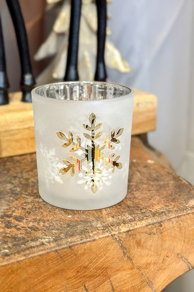 Glass Frosted Silver Gold Snowflake Candle Holder