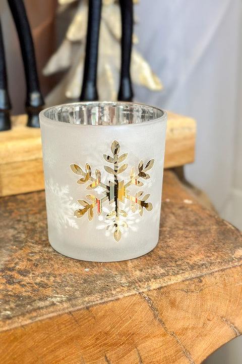 Glass Frosted Silver Gold Snowflake Candle Holder