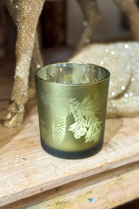 Glass Tea Light Candle Holder Frosted Green Pinecone Scene