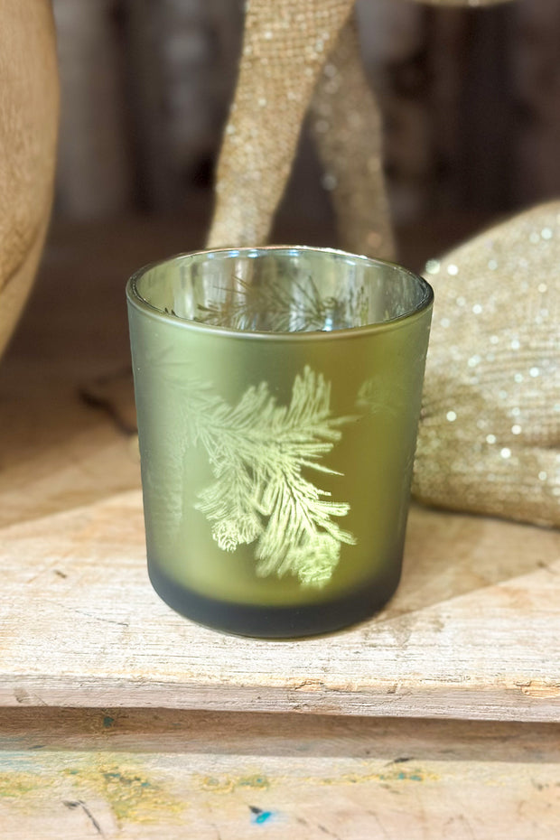 Glass Tea Light Candle Holder Frosted Green Pinecone Scene