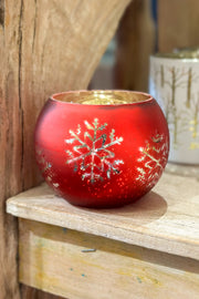 Snowflake Glass Votive Holder 3" Matte Red